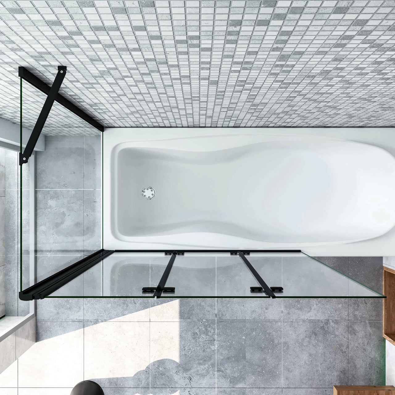 Parete Doccia Per Vasca con Lato Fisso 130x65 cm H.140 cm 3 Ante Movibili Pieghevoli a Libro in Vetro Temperato 6 mm Trasparente Anticalcare Telaio Nero Opaco