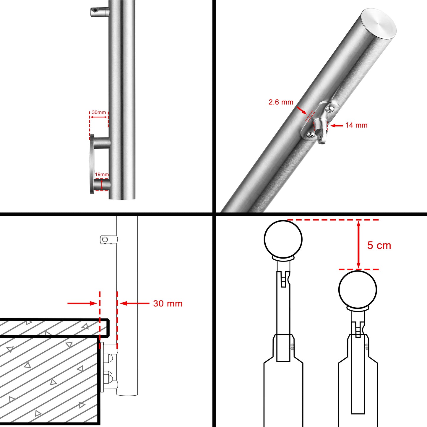 Kit ringhiera in acciaio inox 304 con montaggio laterale, lunghezze 100–240 cm, 5 traverse, espandibile con giunzioni