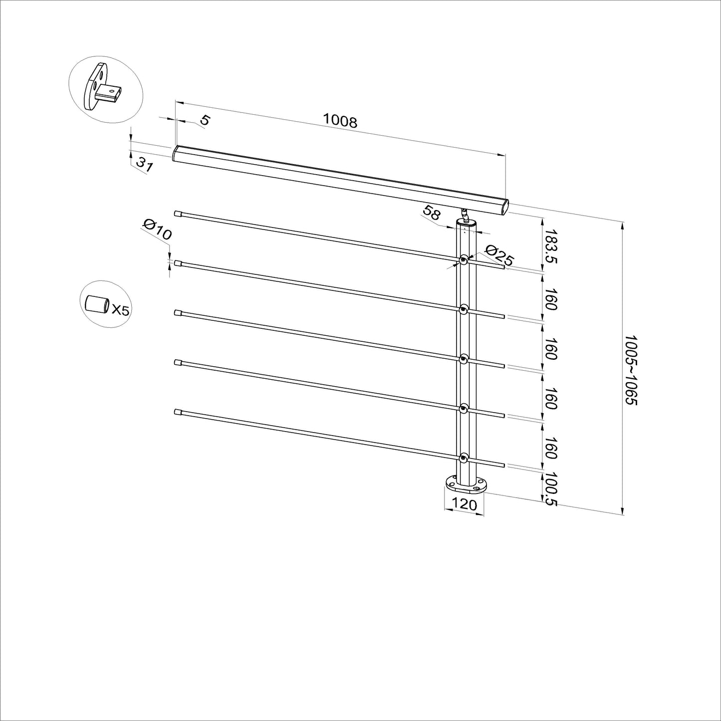 Ringhiera Balaustra in Alluminio Nero Opaco o Argento Opaco L. 100/150/200 cm a Montaggio a Pavimento, con Supporto di Collegamento a Parete