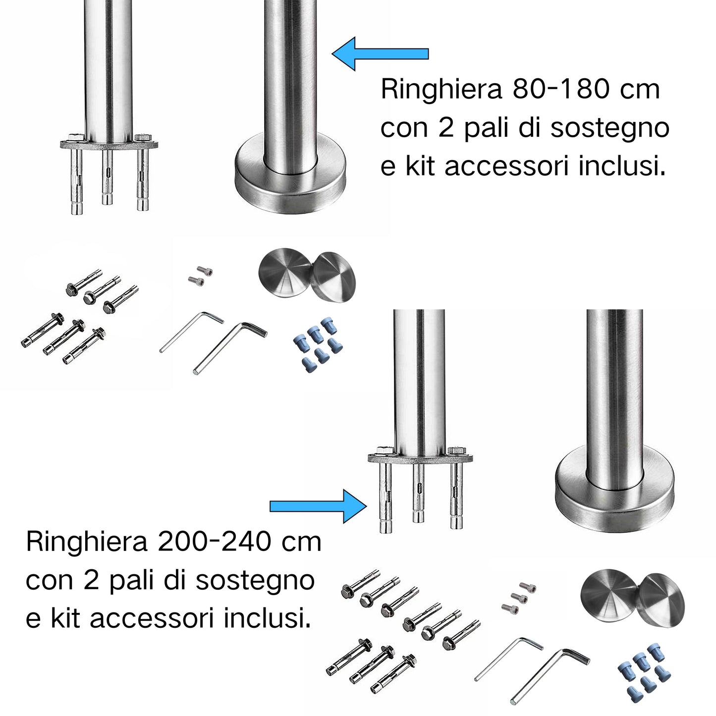Ringhiera universale in acciaio inox 80-100-120-150-180-200-220-240 cm con 5 barre trasversali