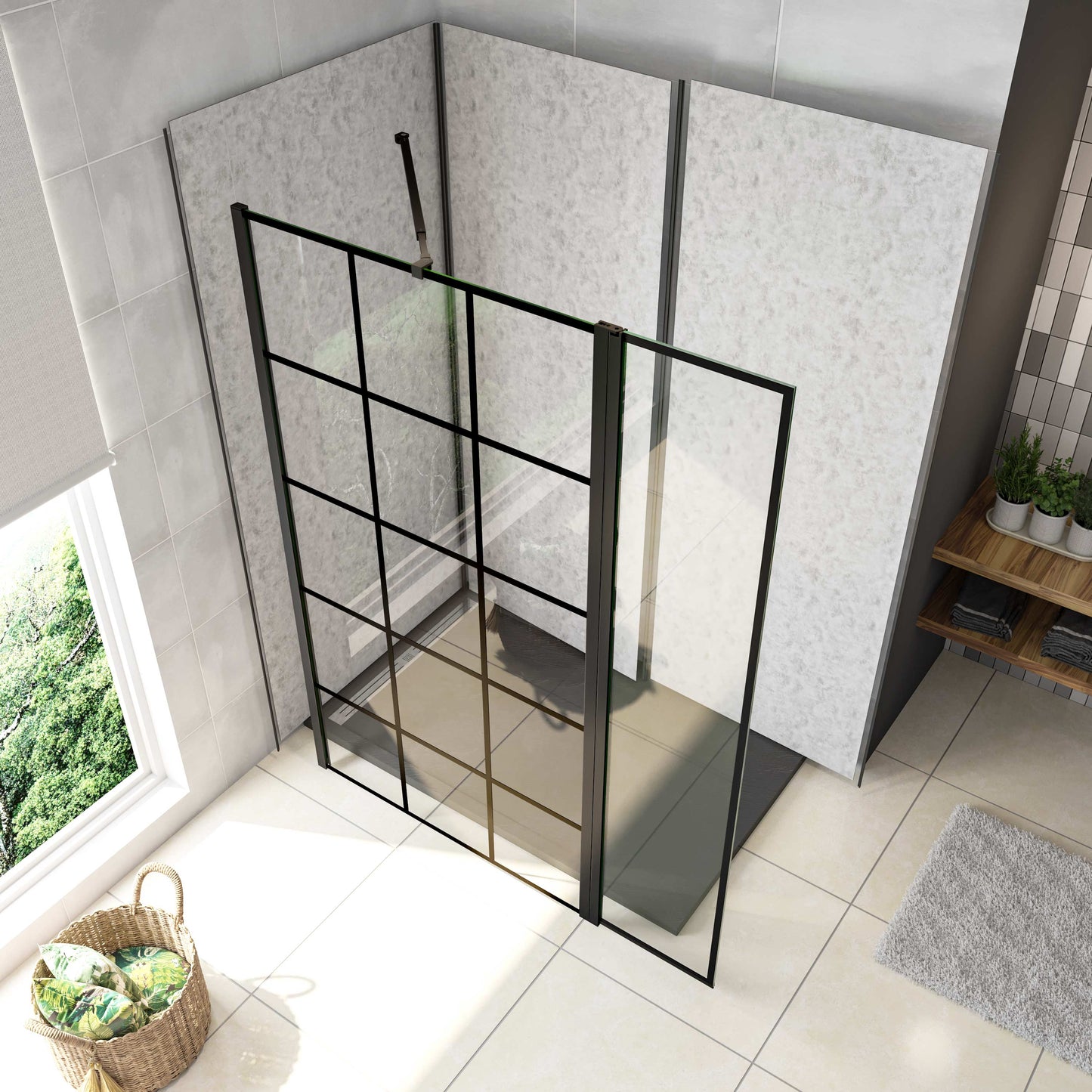 Box Doccia Parete Fissa 70-120x200cm con Paraspruzzo 30cm Vetro 8 mm Temperato Anticalcare Serigrafia Riquadri Neri Barra Stabilizzatrice 45 cm