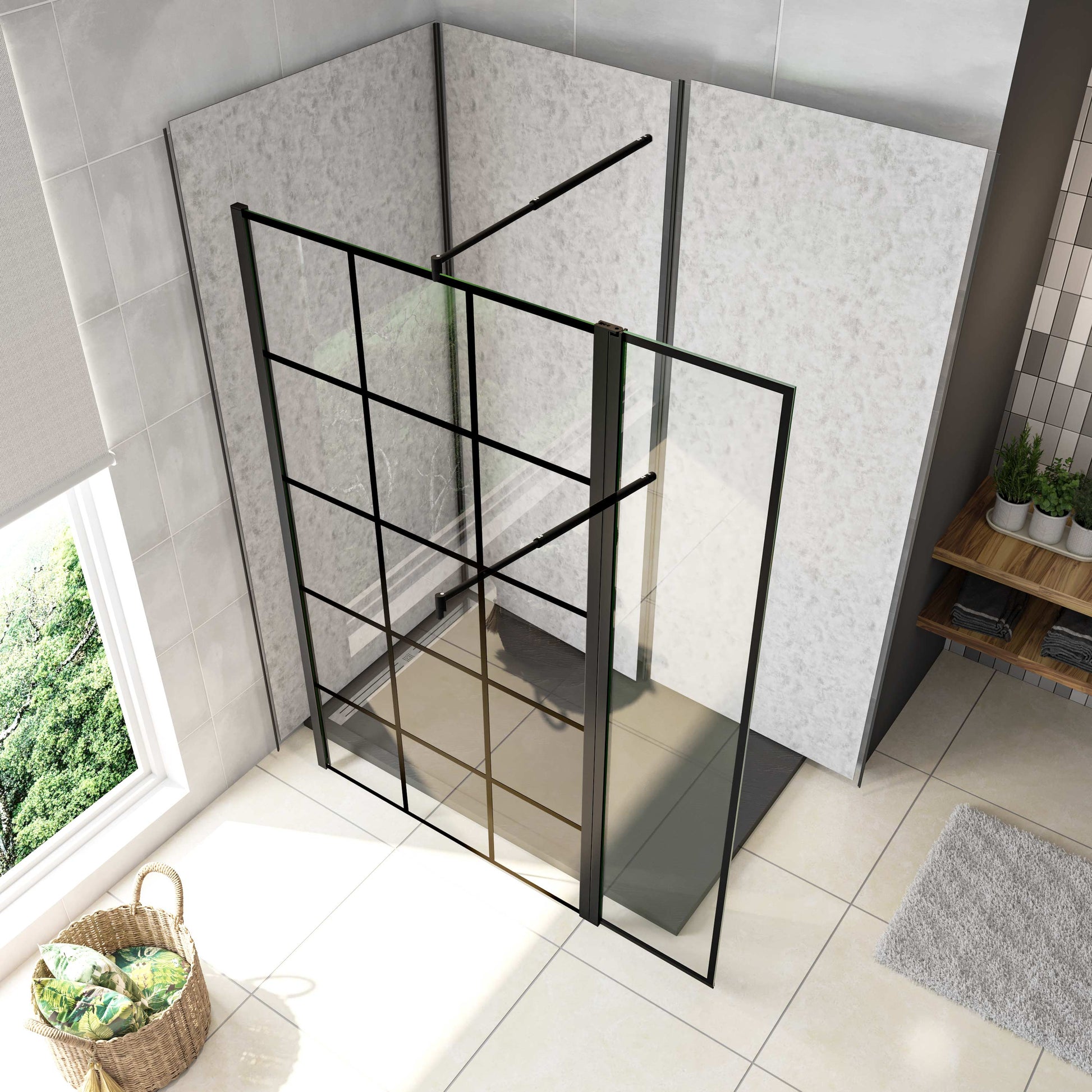Box Doccia Parete Fissa 70-120x200cm con Paraspruzzo 30cm Vetro 8 mm Temperato Anticalcare Serigrafia Riquadri Neri Barra Stabilizzatrice 45 cm