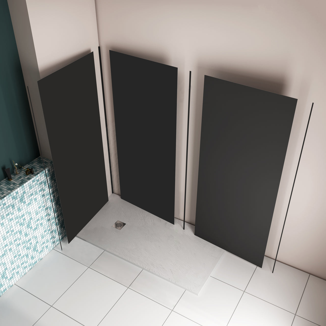 Pannello doccia angolare H.210 cm, disponibile in più misure, realizzato in alluminio da 3 mm con finitura nero opaco, adatto per l'arredo delle pareti del bagno.