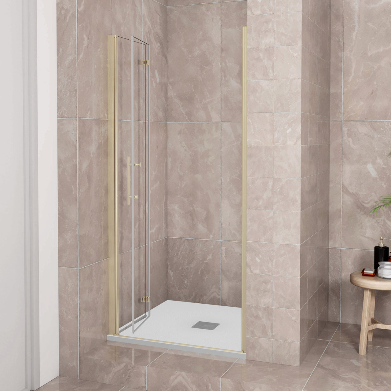 Porta Doccia H:185 cm Porta Battente Pieghevole in Vetro Temperato Trasparente 6 mm Anticalcare Telaio Dorato Spazzolato