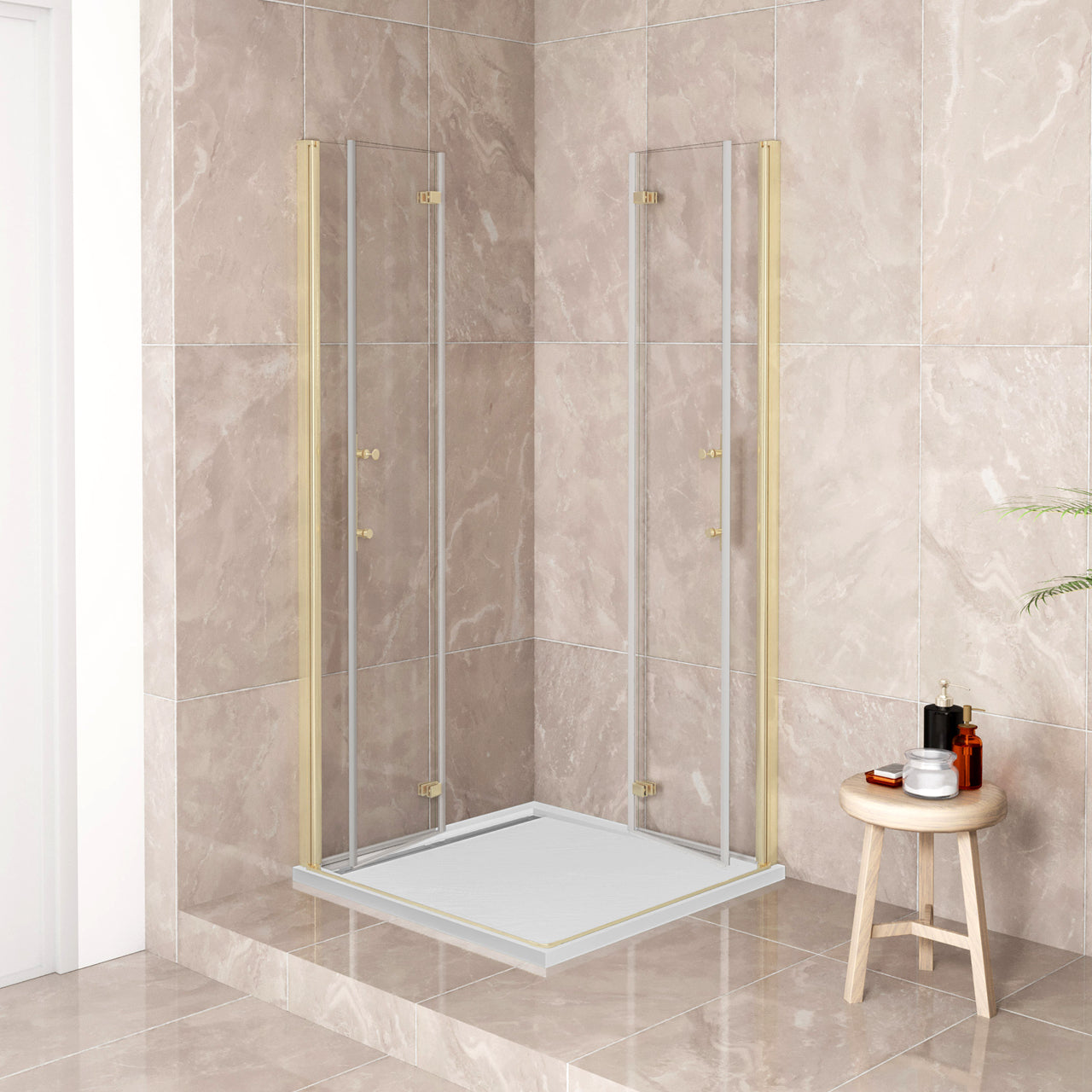 185cm Box Doccia Angolare Doppia Porta Battente Pieghevole Vetro Temperato Trasparente 6 mm Anticalcare Telaio Dorato Spazzolato