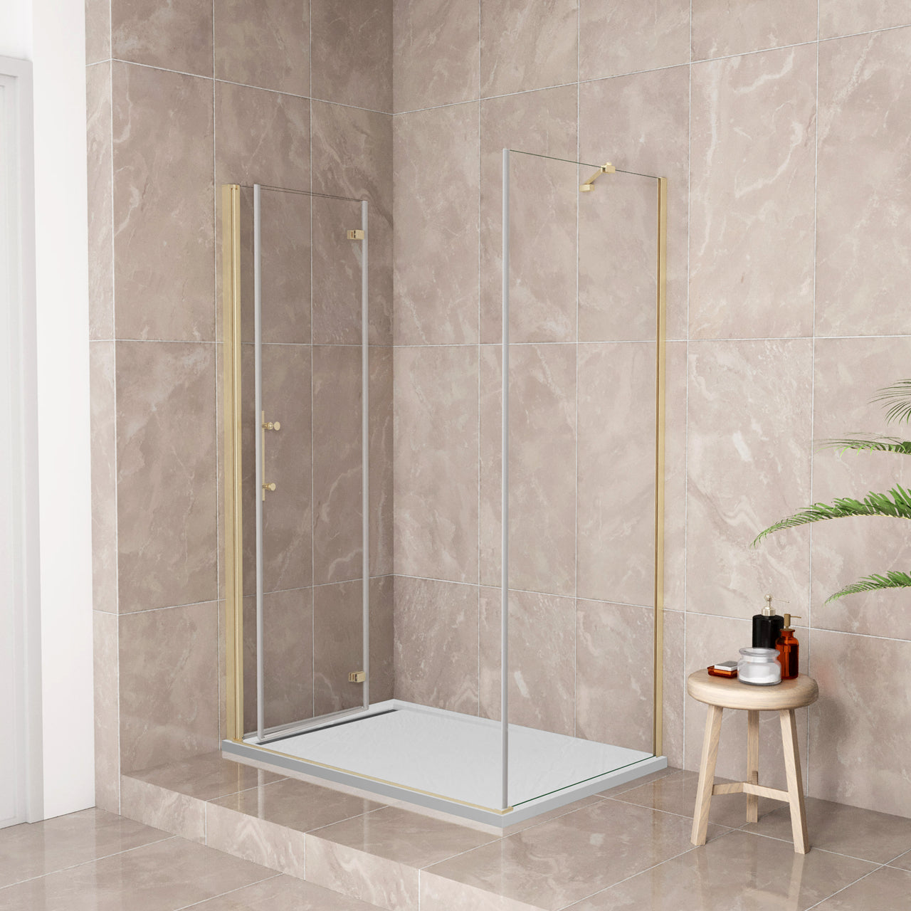 185 cm Box Doccia Angolare Porta Battente Pieghevole Parete Fissa Vetro Temperato 6 mm Anticalcare Barra Stabilizzatrice da 45 cm Dorato Spazzolato