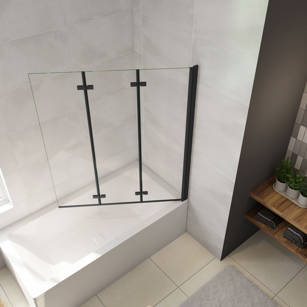 Parete Doccia Per Vasca da Bagno 130x140 cm 3 Ante Movibili Pieghevoli a Libro in Vetro Temperato 6 mm Trasparente Anticalcare Telaio Nero Opaco