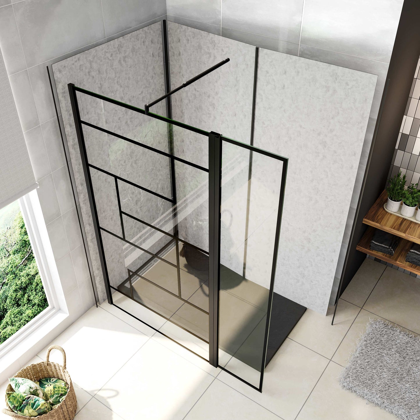 Box Doccia Walk in 70-80-90-100-110-120x200cm Parete Fissa 40cm Paretina 30cm Vetro 8 mm Temperato Anticalcare Serigrafato Nero Riquadri Barra Stabilizzatrice 45 cm