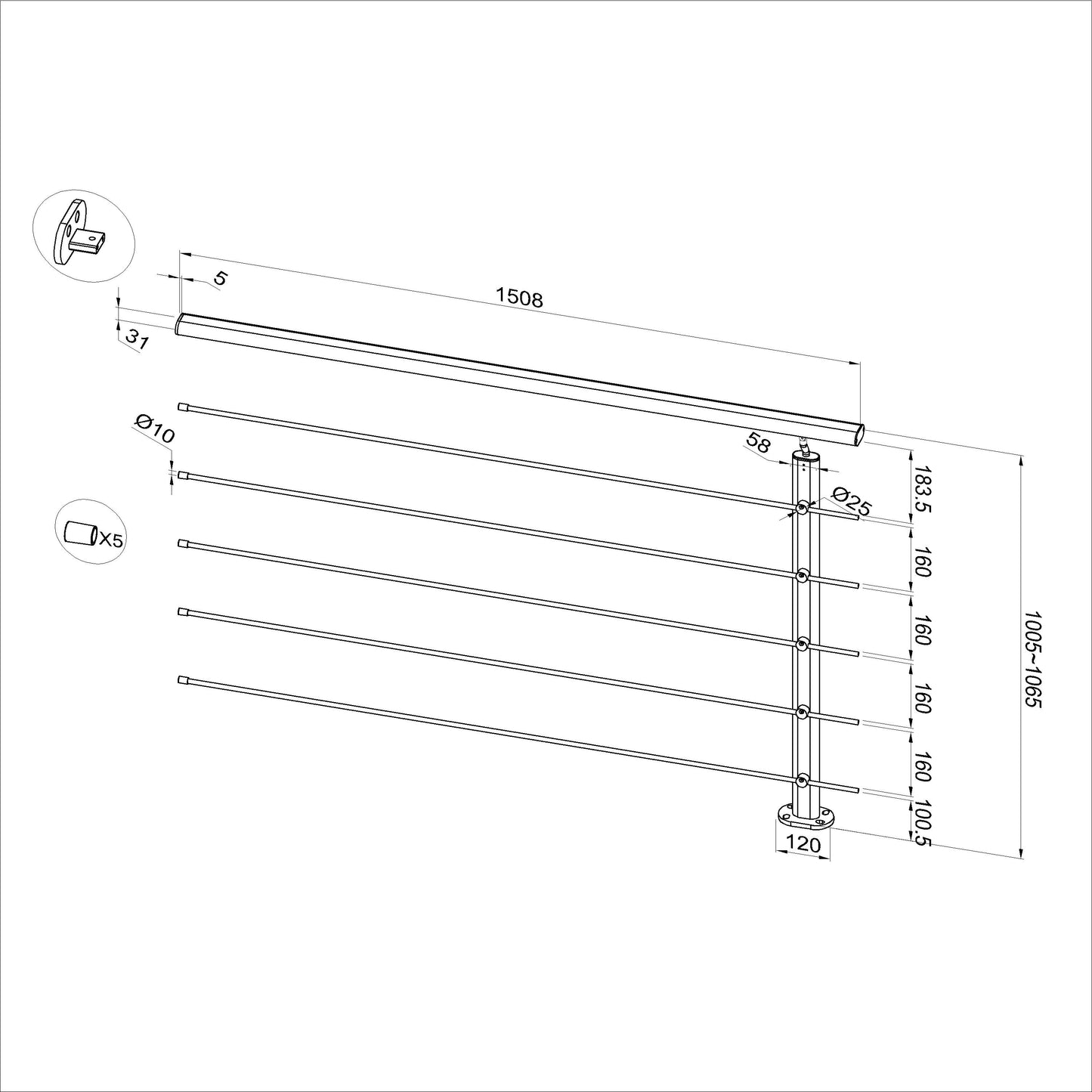 Ringhiera Balaustra in Alluminio Nero Opaco o Argento Opaco L. 100/150/200 cm a Montaggio a Pavimento, con Supporto di Collegamento a Parete