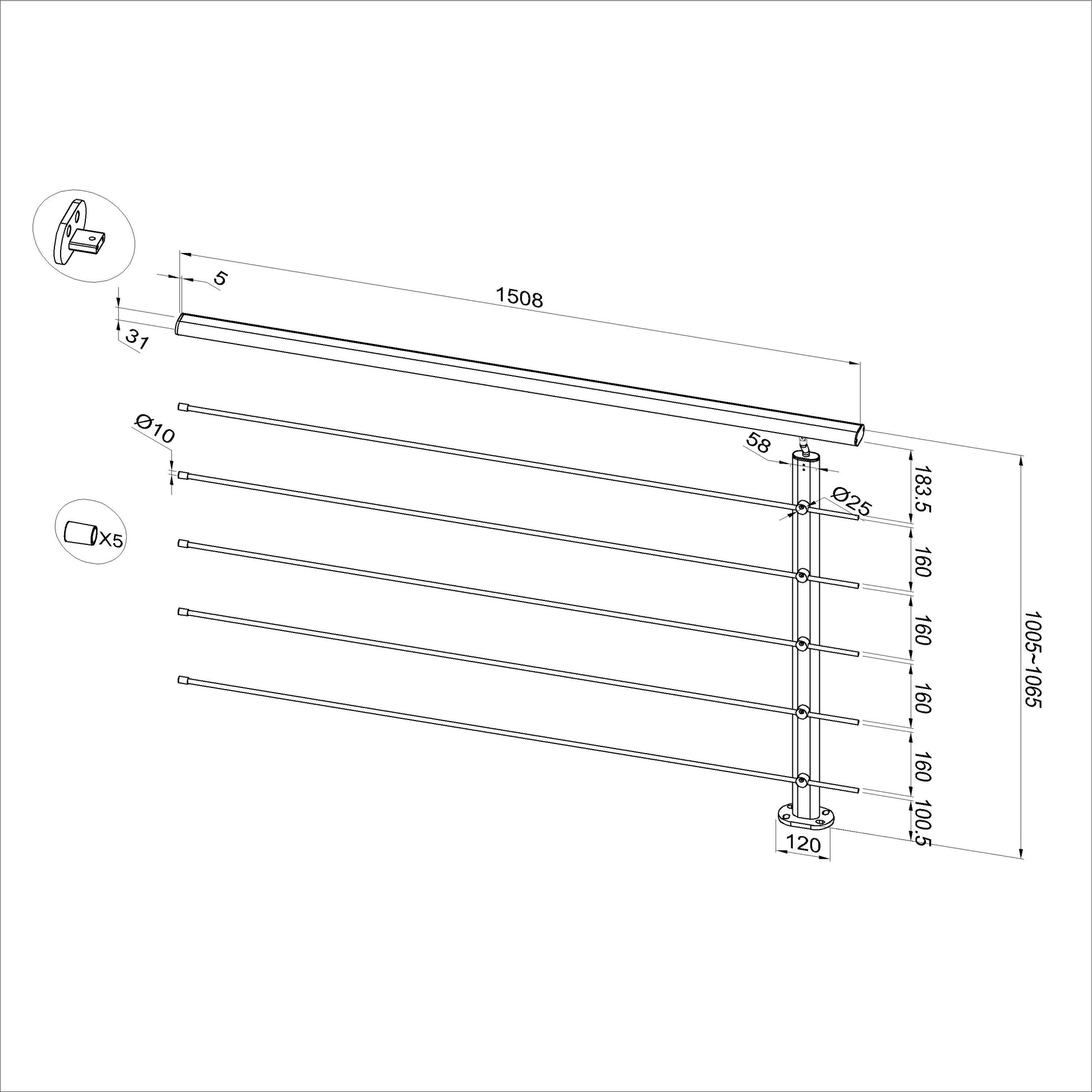 Ringhiera Balaustra in Alluminio Nero Opaco o Argento Opaco L. 100/150/200 cm a Montaggio a Pavimento, con Supporto di Collegamento a Parete