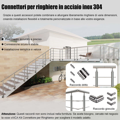Kit ringhiera in acciaio inox 304 con montaggio laterale, lunghezze 100–240 cm, 3 traverse, espandibile con giunzioni