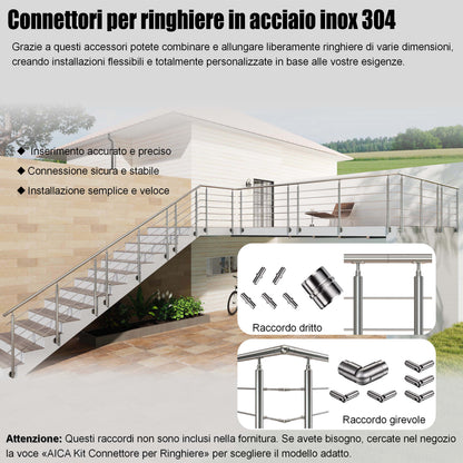 Kit ringhiera in acciaio inox 304 con montaggio laterale, lunghezze 100–240 cm, 5 traverse, espandibile con giunzioni