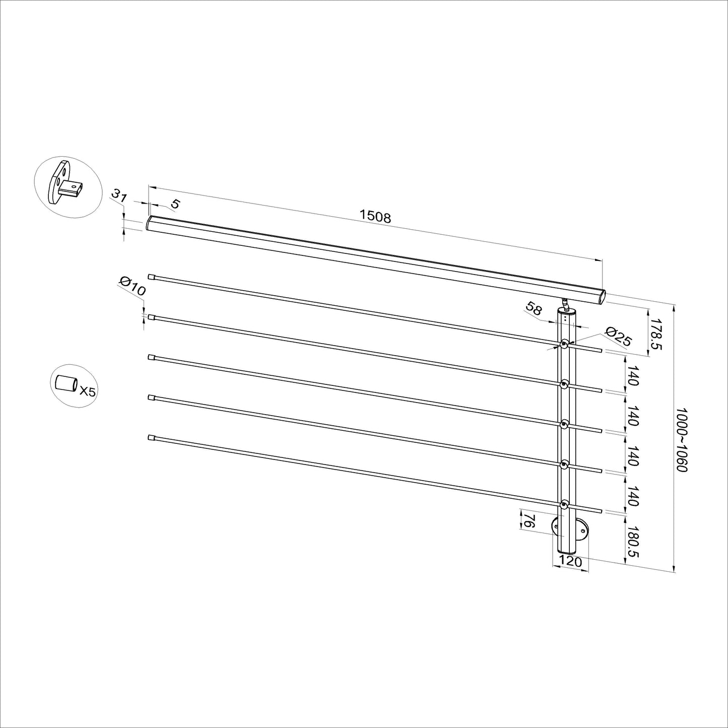 Ringhiera Parapetto in Alluminio Nero Opaco o Argento Opaco L. 100/150/200 cm a Montaggio a Parete, con supporto di collegamento a Parete