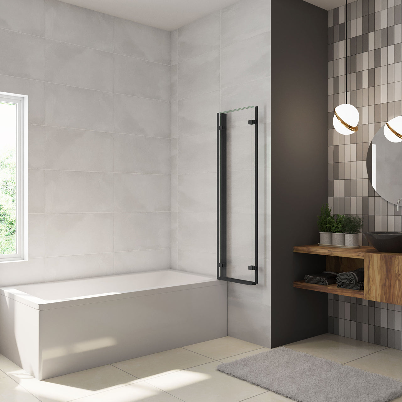 Parete Doccia Per Vasca da Bagno 130x140 cm 3 Ante Movibili Pieghevoli a Libro in Vetro Temperato 6 mm Trasparente Anticalcare Telaio Nero Opaco