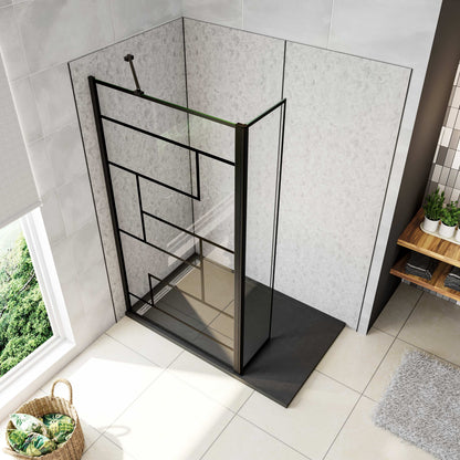 Box Doccia Walk in 70-80-90-100-110-120x200cm Parete Fissa 40cm Paretina 30cm Vetro 8 mm Temperato Anticalcare Serigrafato Nero Riquadri Barra Stabilizzatrice 45 cm