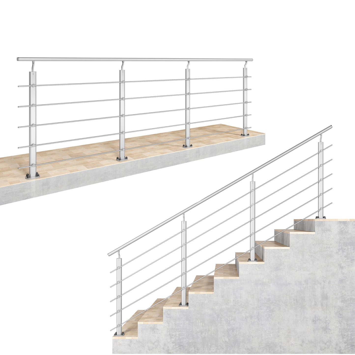 Ringhiera Parapetto in Alluminio Argento o Nero Opaco — Disponibile in 3 Misure: L. 100/150/200 cm — Montaggio a Pavimento per Interni ed Esterni#Argento