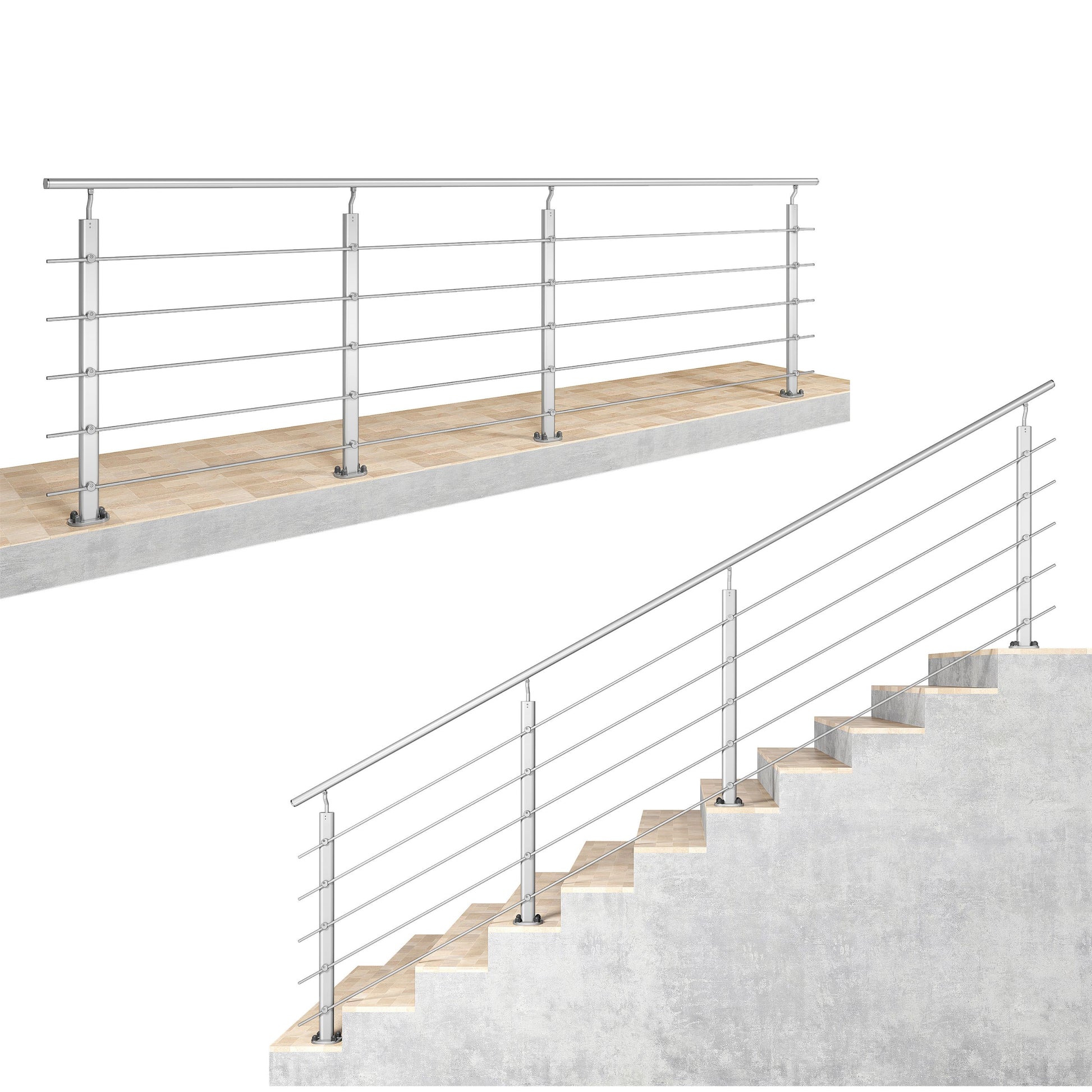 Ringhiera Parapetto in Alluminio Argento o Nero Opaco — Disponibile in 3 Misure: L. 100/150/200 cm — Montaggio a Pavimento per Interni ed Esterni#Argento