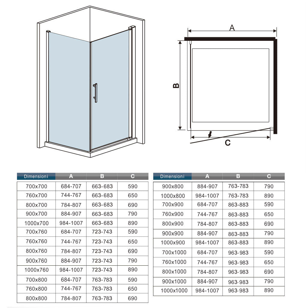 AICA Box Doccia Angolare Porta Battente 187/197cm con Parete Fissa Vetro Temperato Trasparente 6mm Anticalcare Barra Stabilizzatrice 90cm Cromo Lucido