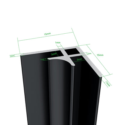 Pannello doccia angolare H.210 cm, disponibile in più misure, realizzato in alluminio da 3 mm con finitura nero opaco, adatto per l'arredo delle pareti del bagno.