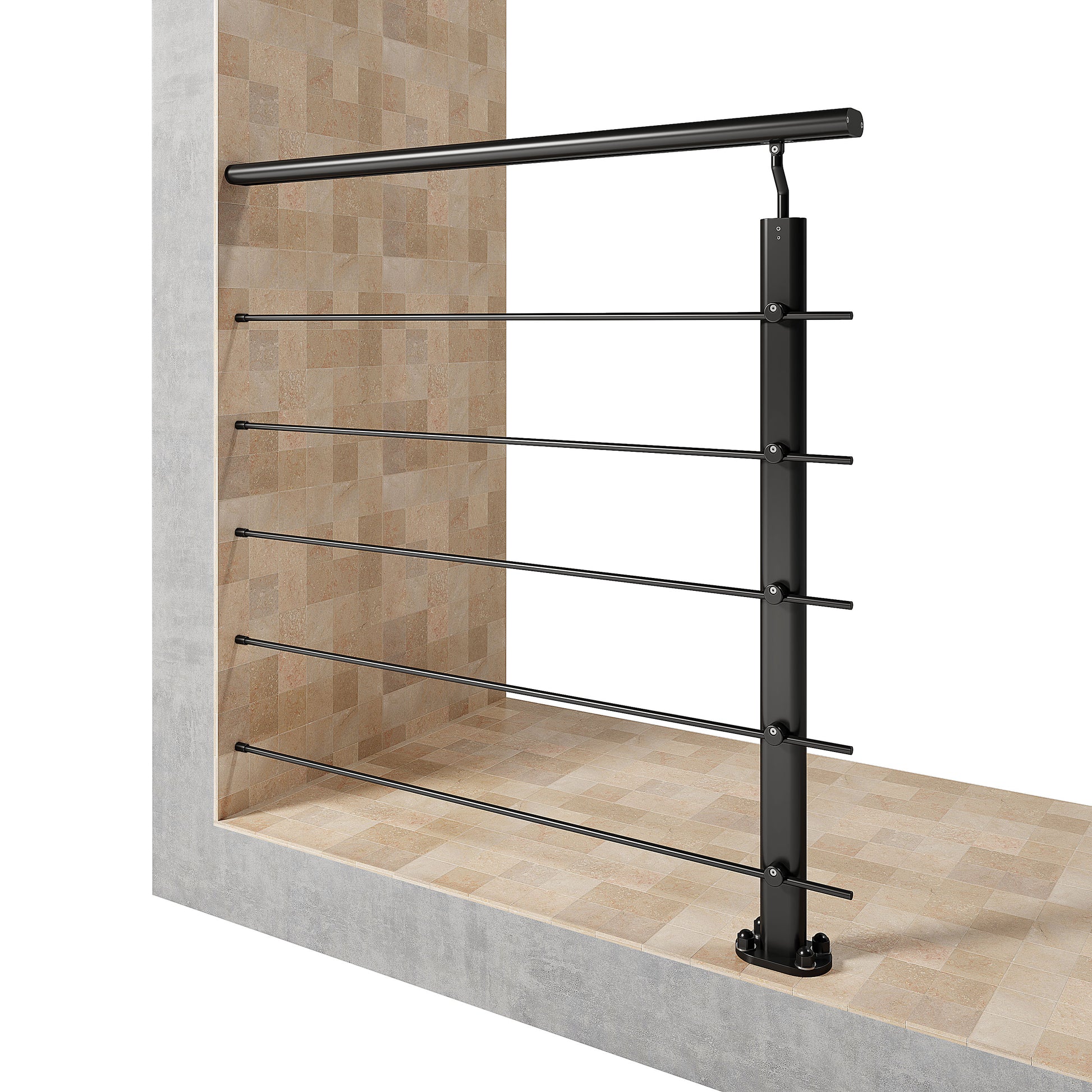 Ringhiera Balaustra in Alluminio Nero Opaco o Argento Opaco L. 100/150/200 cm a Montaggio a Pavimento, con Supporto di Collegamento a Parete#Nero