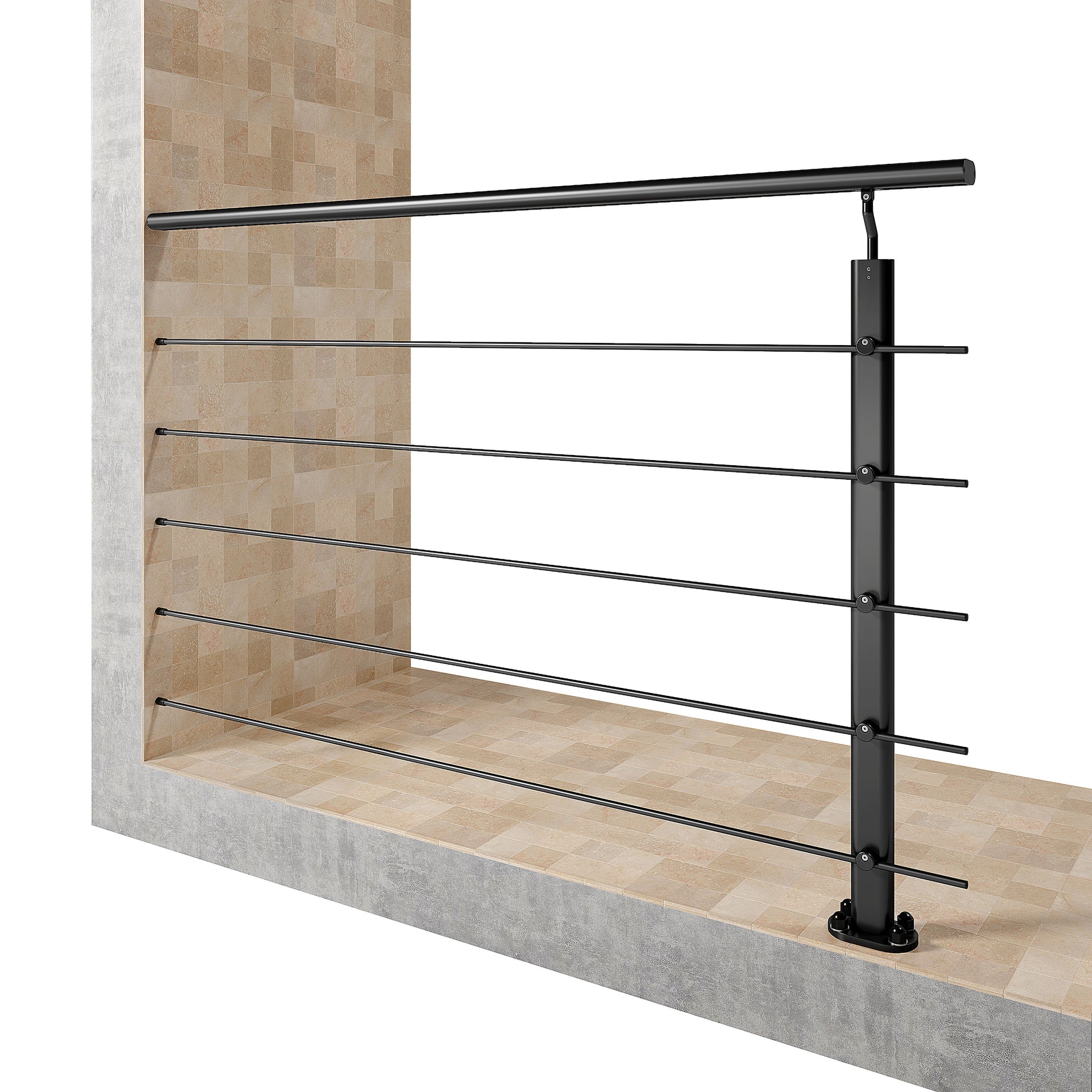 Ringhiera Balaustra in Alluminio Nero Opaco o Argento Opaco L. 100/150/200 cm a Montaggio a Pavimento, con Supporto di Collegamento a Parete#Nero