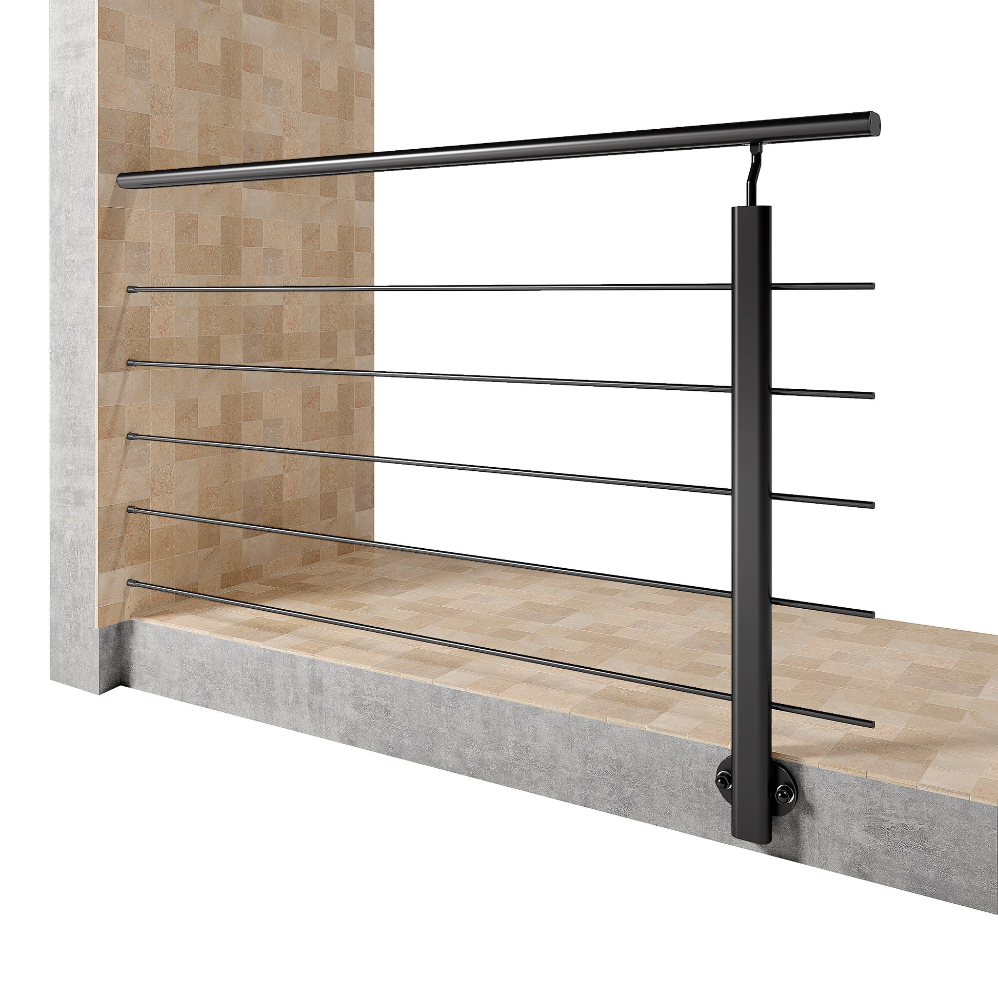 Ringhiera Parapetto in Alluminio Nero Opaco o Argento Opaco L. 100/150/200 cm a Montaggio a Parete, con supporto di collegamento a Parete#Nero
