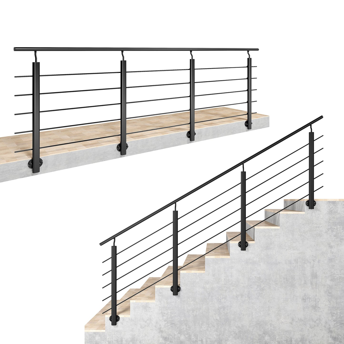 Ringhiera Balaustra in Alluminio Argento Opaco o Nero Opaco L. 100/150/200 cm a Montaggio a Parete, con Supporto di Collegamento a Parete#Nero