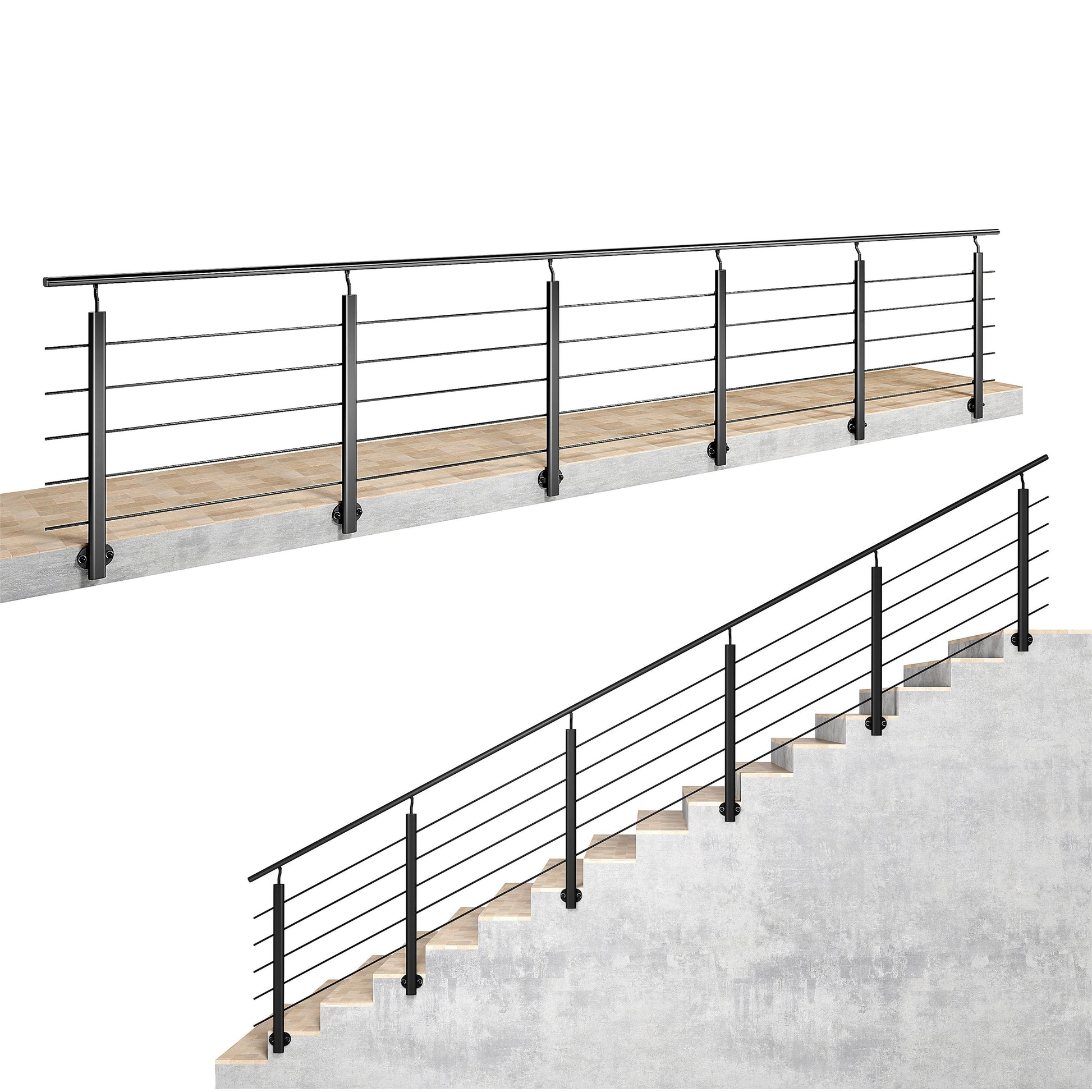 Ringhiera Balaustra in Alluminio Argento Opaco o Nero Opaco L. 100/150/200 cm a Montaggio a Parete, con Supporto di Collegamento a Parete#Nero