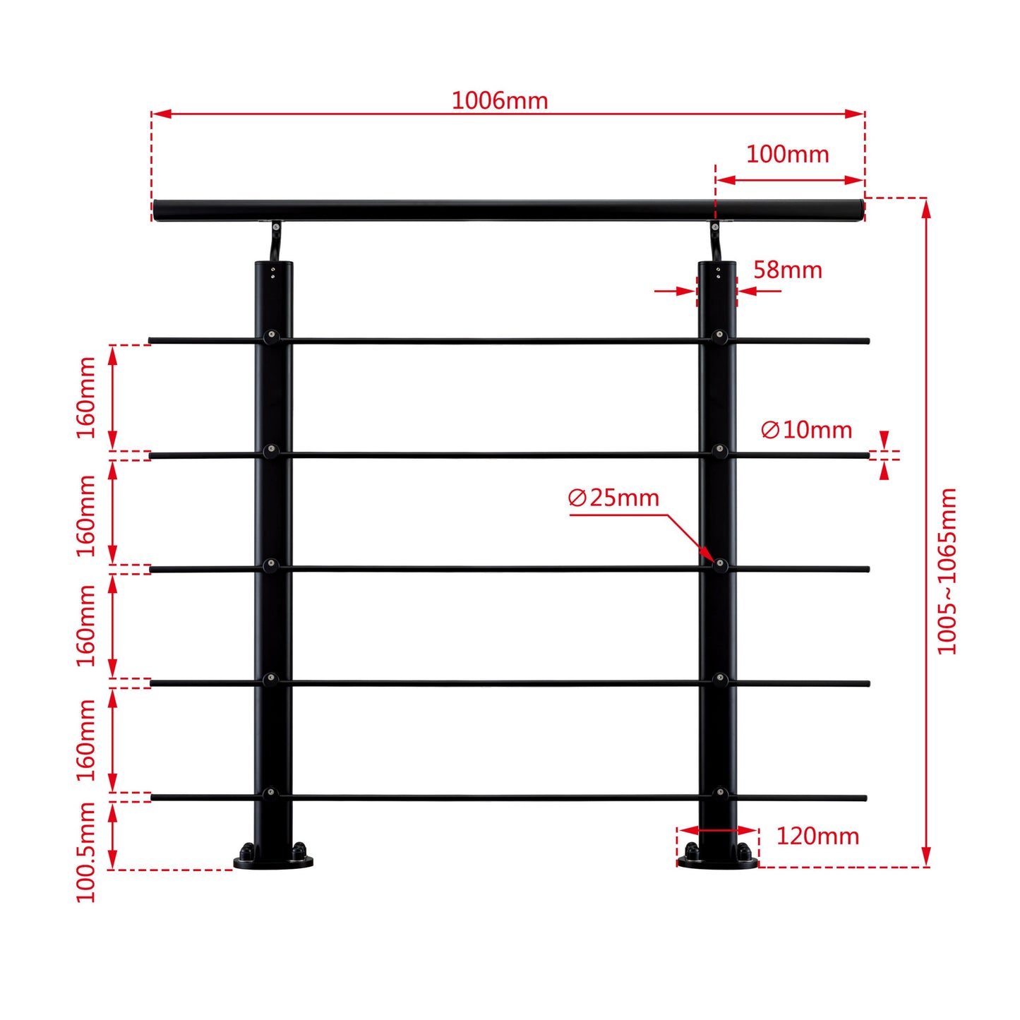 Ringhiera Parapetto in Alluminio Argento o Nero Opaco — Disponibile in 3 Misure: L. 100/150/200 cm — Montaggio a Pavimento per Interni ed Esterni Nero 100cm#Nero