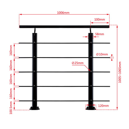 Ringhiera Parapetto in Alluminio Argento o Nero Opaco — Disponibile in 3 Misure: L. 100/150/200 cm — Montaggio a Pavimento per Interni ed Esterni Nero 100cm#Nero