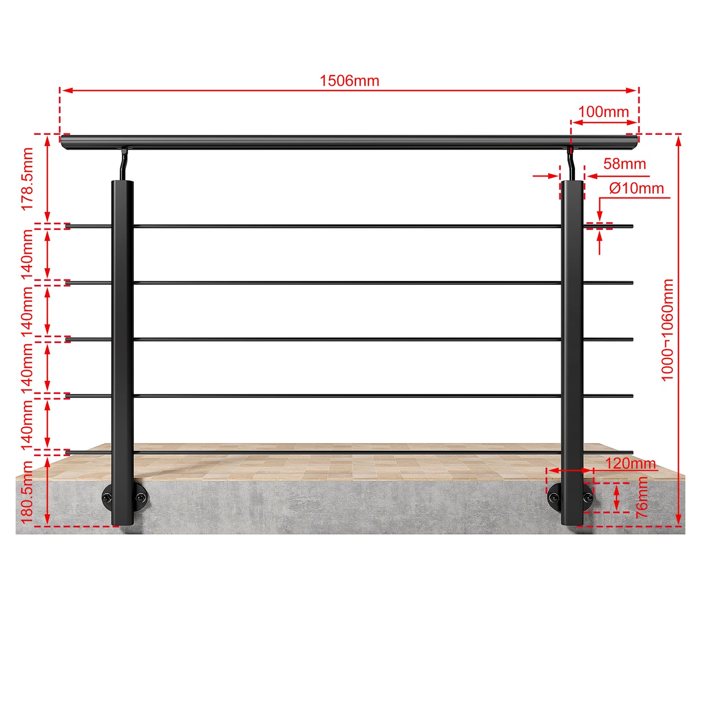 Ringhiera Balaustra in Alluminio Argento Opaco o Nero Opaco L. 100/150/200 cm a Montaggio a Parete, con Supporto di Collegamento a Parete Nero 150cm#Nero