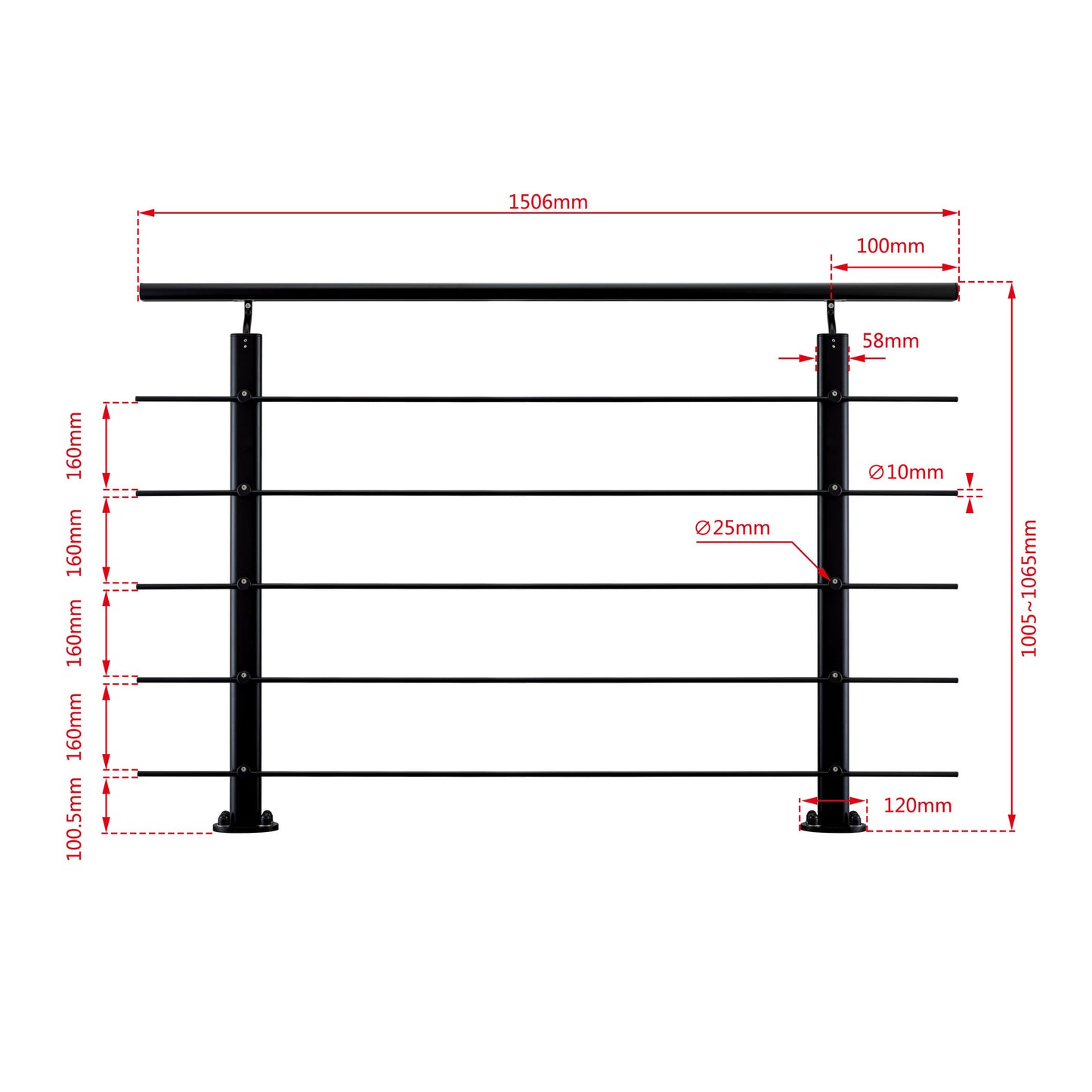 Ringhiera Parapetto in Alluminio Argento o Nero Opaco — Disponibile in 3 Misure: L. 100/150/200 cm — Montaggio a Pavimento per Interni ed Esterni Nero 150cm#Nero