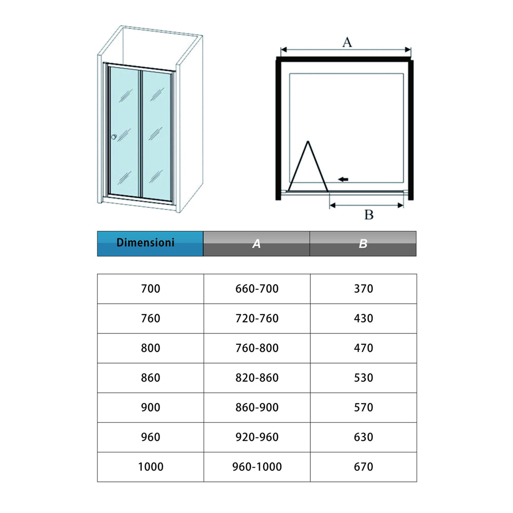 185cm Box Doccia per Nicchia Porta a Soffietto Vetro Temperato 5mm Satinato Opaco Profilo Cromato Lucido
