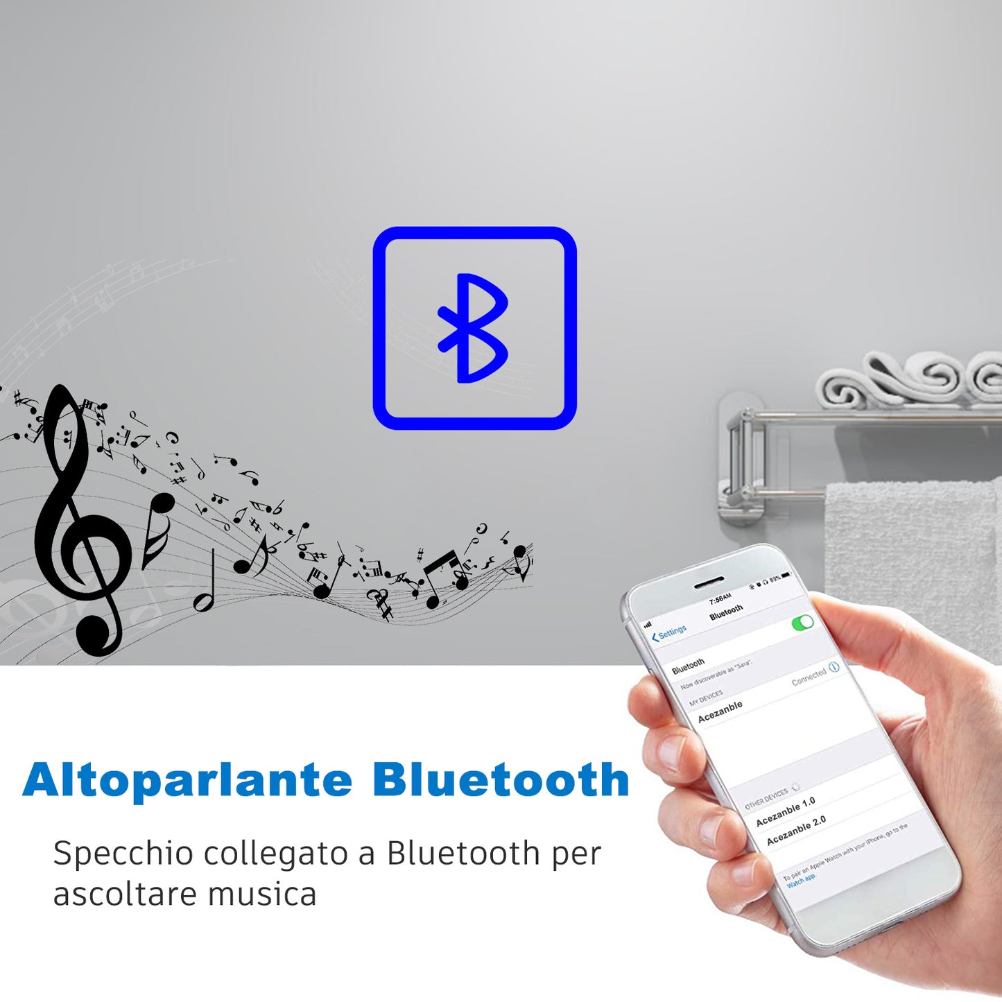 Aica Specchio Bagno Rotondo 70/80cm con LED, Tocco Intelligente, Anti-appannamento, Dimmerabile 3 Colori 3000K-6000K, Altoparlante Bluetooth, IP44 Impermeabile e Antiumidità, Certificazione CE, Retroilluminato