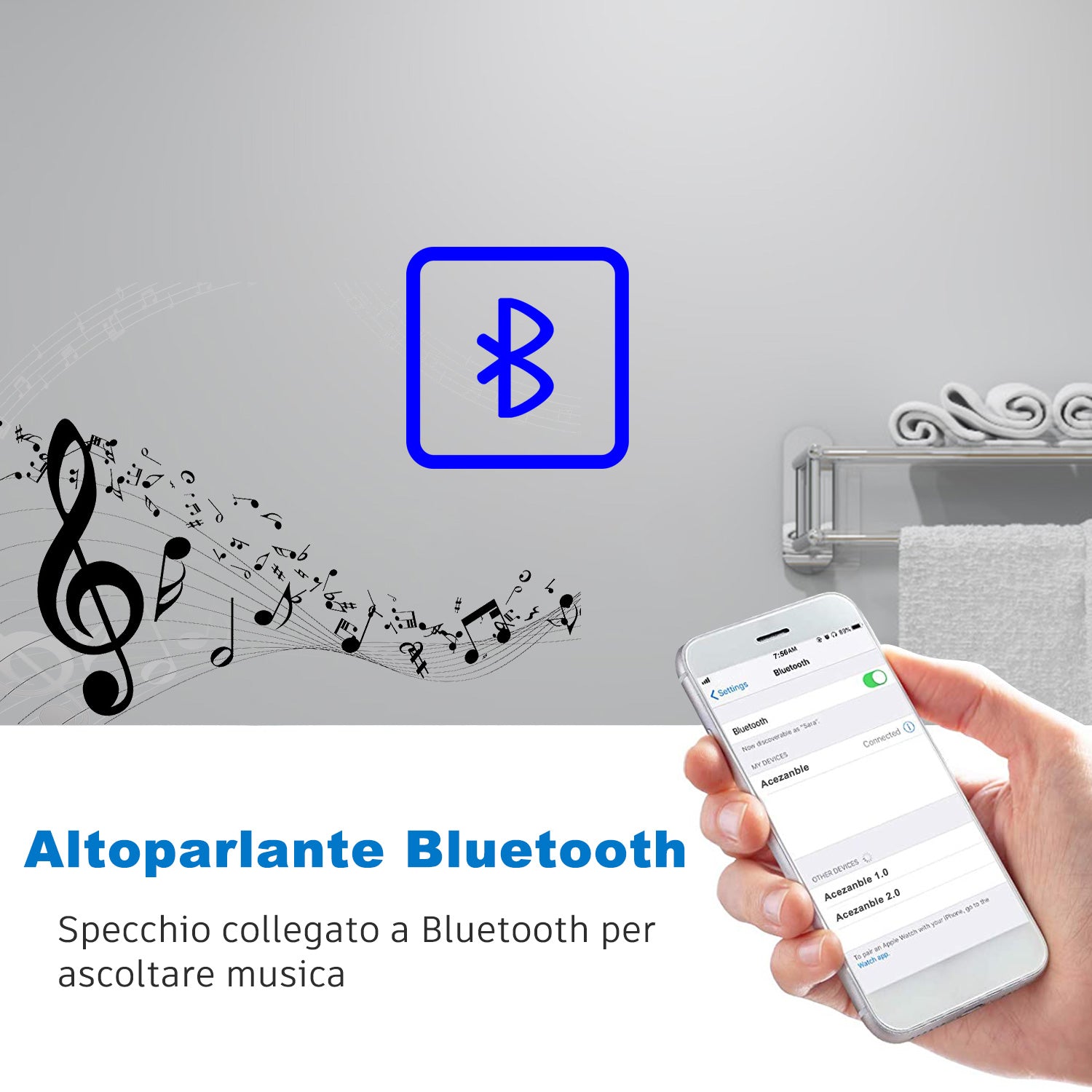 Aica Specchio Bagno Rotondo 70/80cm con LED, Tocco Intelligente, Anti-appannamento, Dimmerabile 3 Colori 3000K-6000K, Altoparlante Bluetooth, IP44 Impermeabile e Antiumidità, Certificazione CE, Retroilluminato