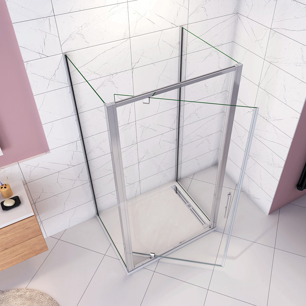 185cm Box Doccia a Tre Lati Porta Girevole Battente con Doppia Parete Fissa Vetro Temperato Trasparente 5mm Profilo Cromo Lucido