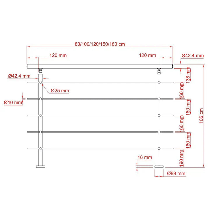 Balaustra Ringhiera Corrimano in acciaio inox spazzolato 5 barre trasversali