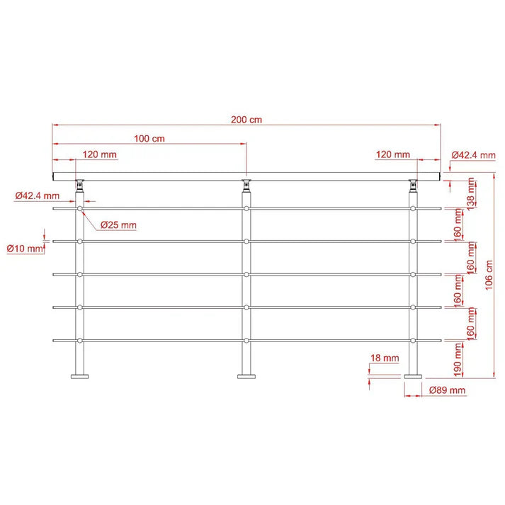 Balaustra Ringhiera Corrimano in acciaio inox spazzolato 5 barre trasversali