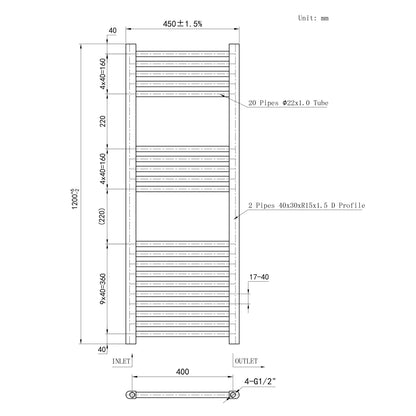 Termoarredo Bagno Scaldasalviette Acciaio Radiatore Calorifero Termosifone Bianco Lucido 1200MM 450MM