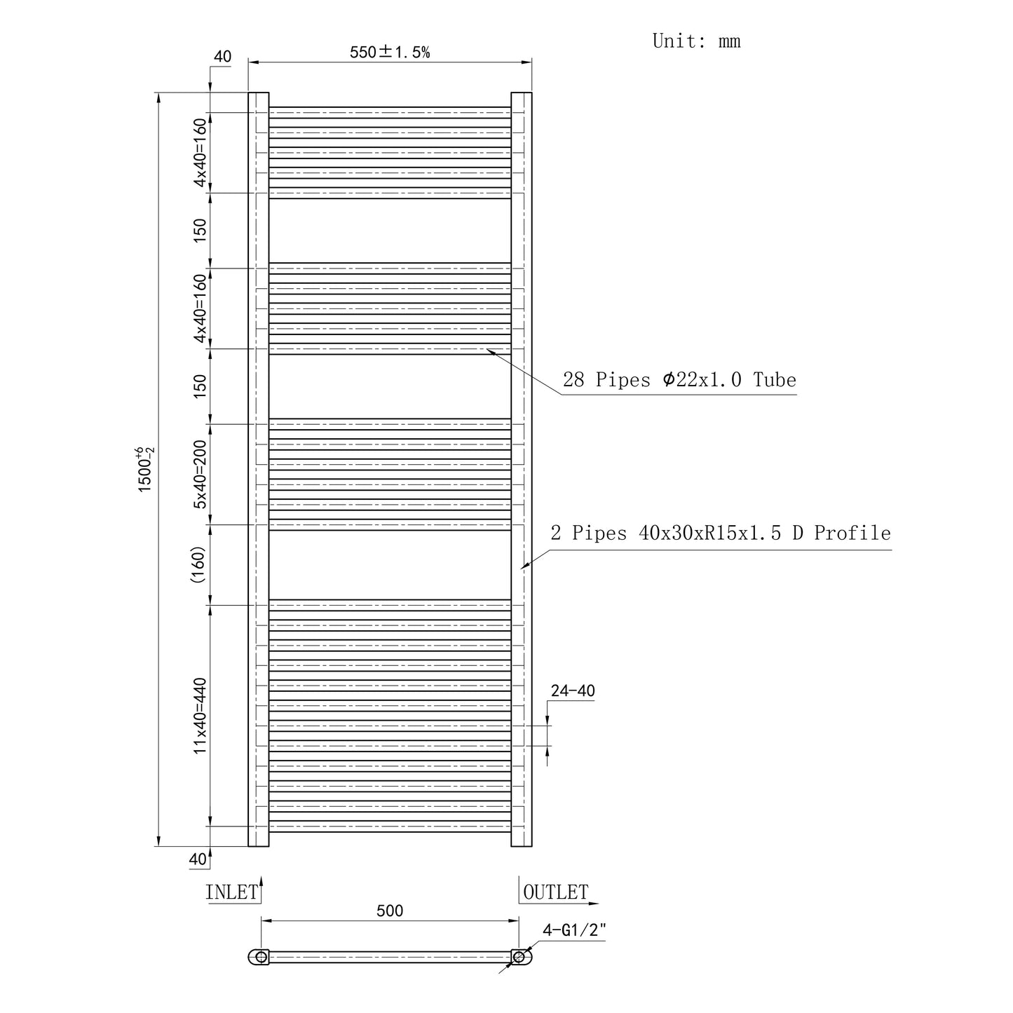 Termoarredo Bagno Scaldasalviette Acciaio Radiatore Calorifero Termosifone Bianco Lucido 1500MM 550MM