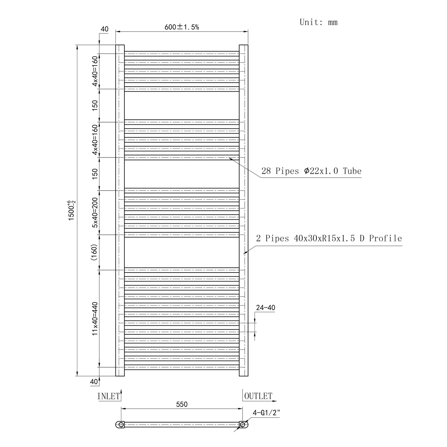 Termoarredo Bagno Scaldasalviette Acciaio Radiatore Calorifero Termosifone Bianco Lucido 1500MM 600MM