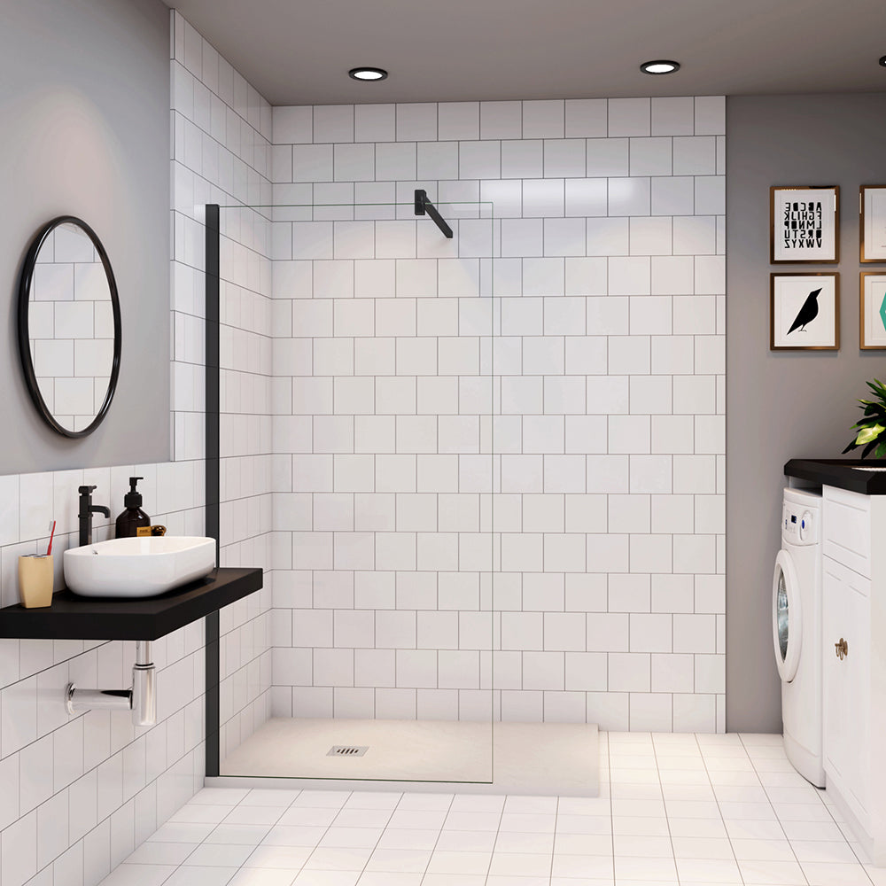 Parete Fissa Doccia Walk In Vetro Temperato Trasparente Anticalcare 6mm con Barra Stabilizzatrice Nero Opaco