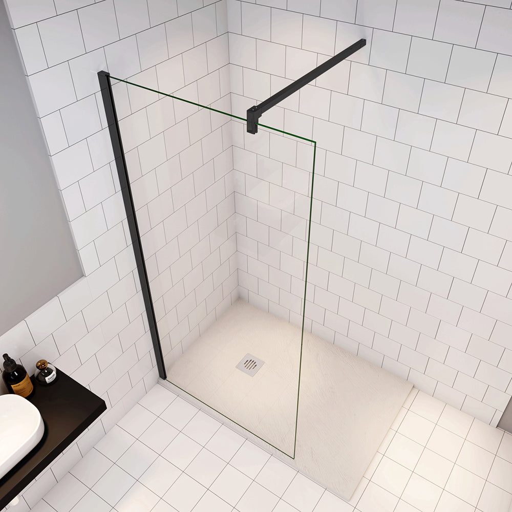 Parete Fissa Doccia Walk In Vetro Temperato Trasparente Anticalcare 6mm con Barra Stabilizzatrice Nero Opaco A - Lunghezza 90cm, Adatta per il vetro in spessore 6-10mm