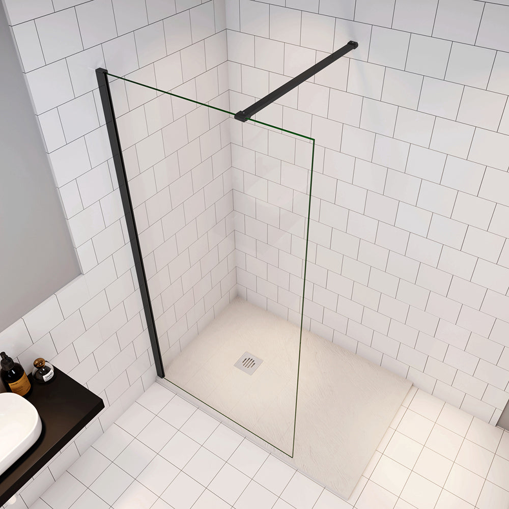 Parete Fissa Doccia Walk In Vetro Temperato Trasparente Anticalcare 6mm con Barra Stabilizzatrice Nero Opaco B - Lunghezza 90cm, Adatta per il vetro in spessore 6-8mm
