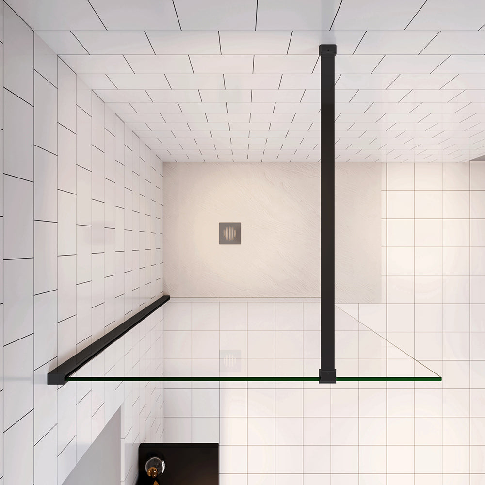 Parete Fissa Doccia Walk In Vetro Temperato Trasparente Anticalcare 6mm con Barra Stabilizzatrice Nero Opaco