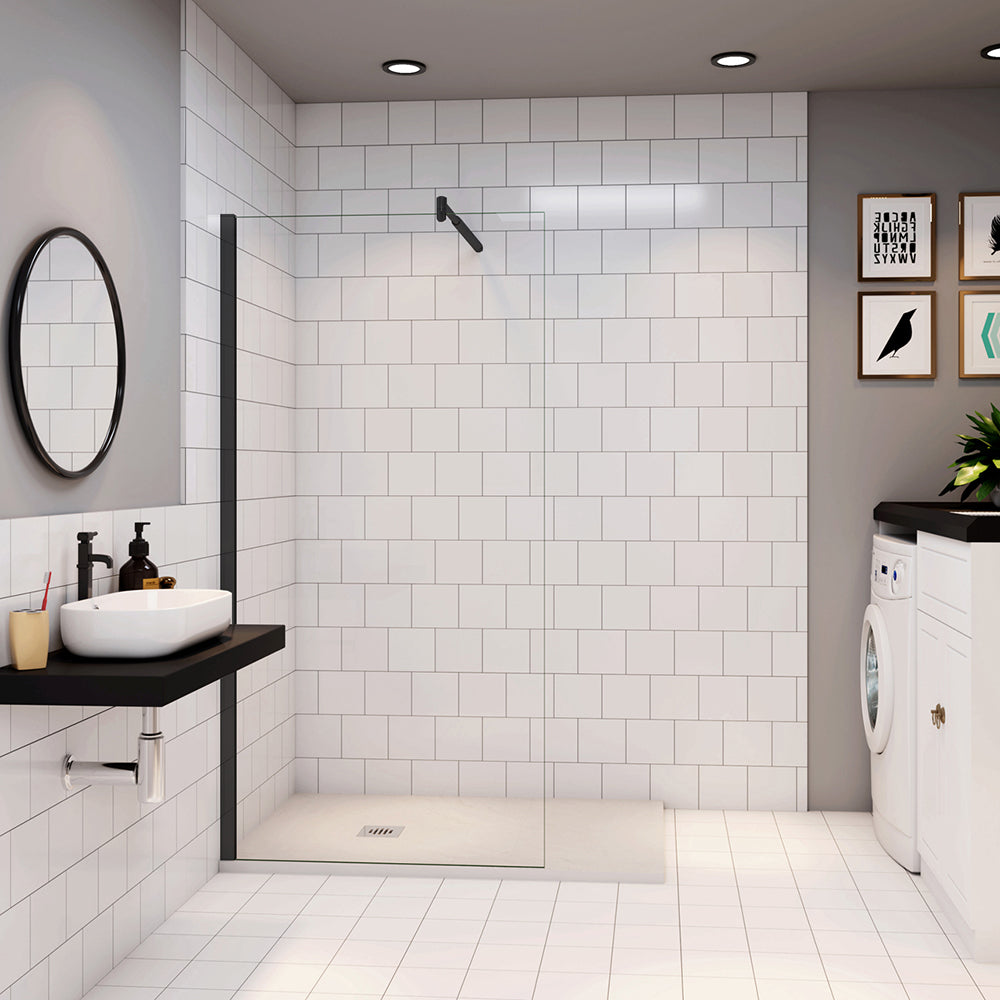 Parete Fissa Doccia Walk In Vetro Temperato Trasparente Anticalcare 6mm con Barra Stabilizzatrice Nero Opaco