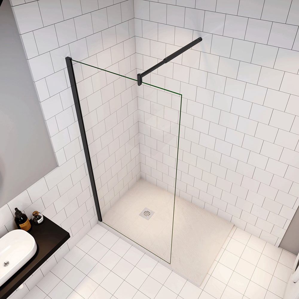 Parete Fissa Doccia Walk In Vetro Temperato Trasparente Anticalcare 6mm con Barra Stabilizzatrice Nero Opaco C - Lunghezza 70-120cm, Adatta per il vetro in spessore 6-10mm