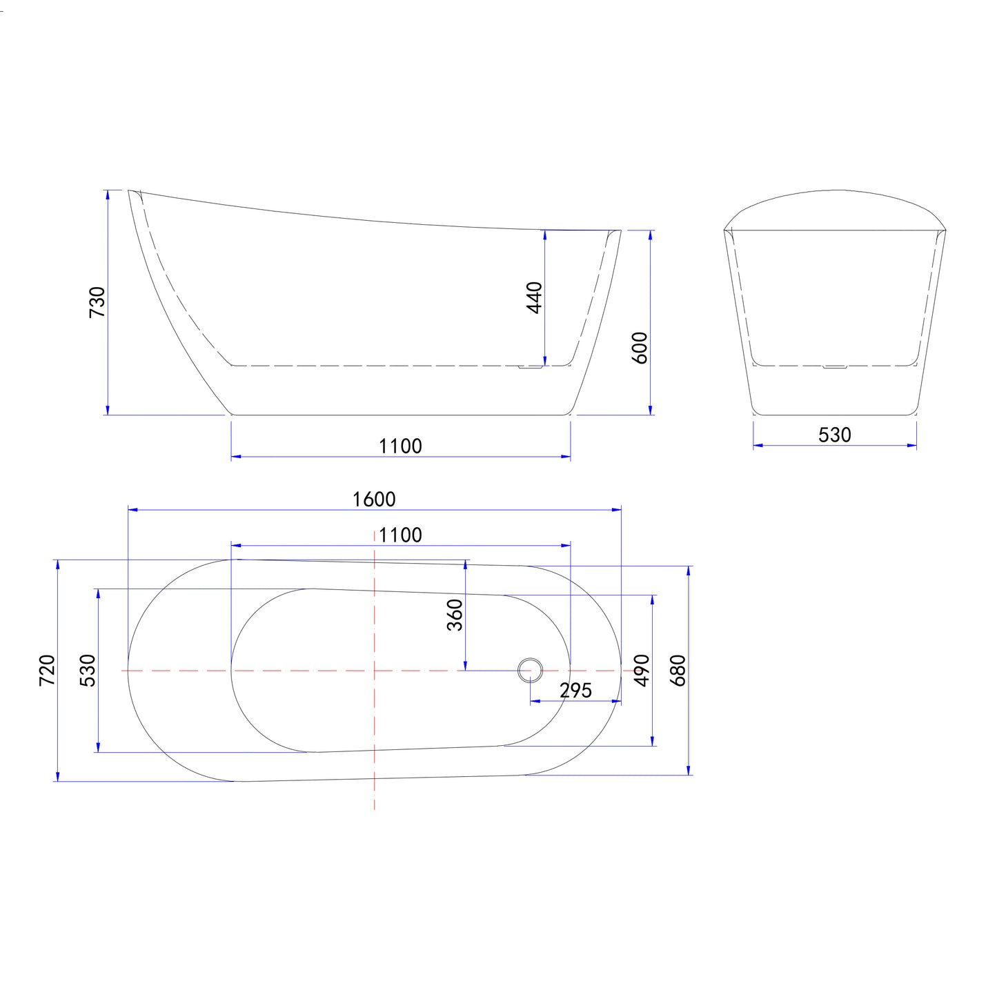 Vasca da Bagno a Isola Freestanding in Acrilico da 160x72x73 cm/170x78x73, Colore Bianco, Forma di Ovale Irregolare