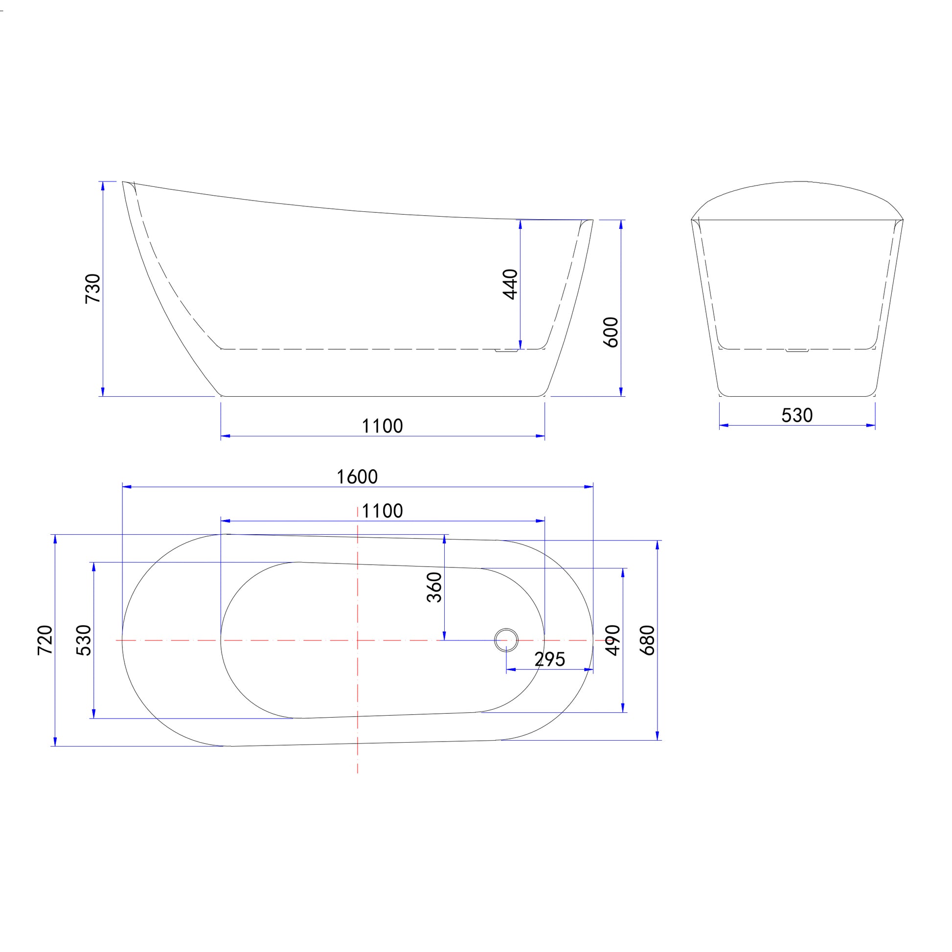 Vasca da Bagno a Isola Freestanding in Acrilico da 160x72x73 cm/170x78x73, Colore Bianco, Forma di Ovale Irregolare