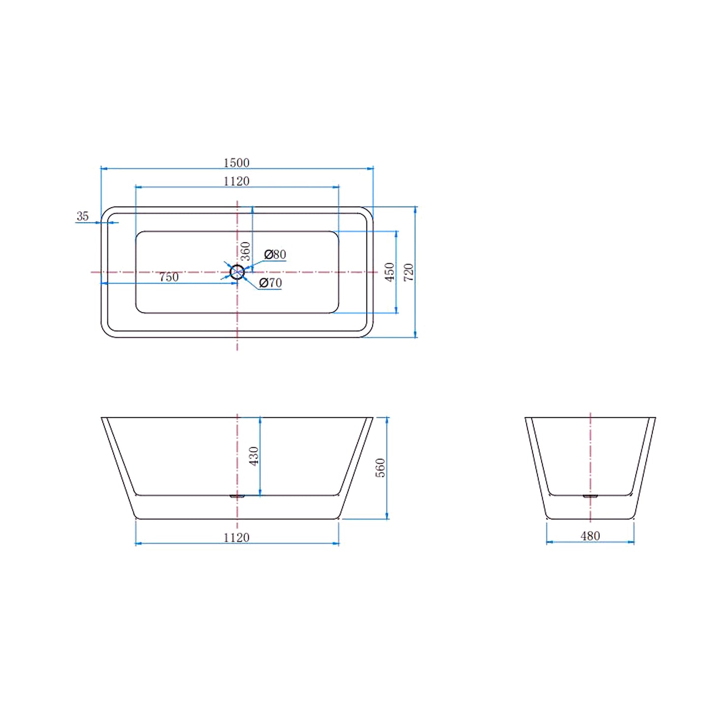 Vasca da Bagno a Isola 150x72x56/170x80x58 cm Vasca da Bagno Freestanding in Acrilico Bianco Rettangolare
